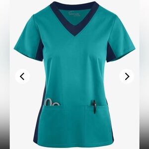 Butter-Soft Stretch Side Panel V-Neck Scrub Top in Teal and Navy, size XL